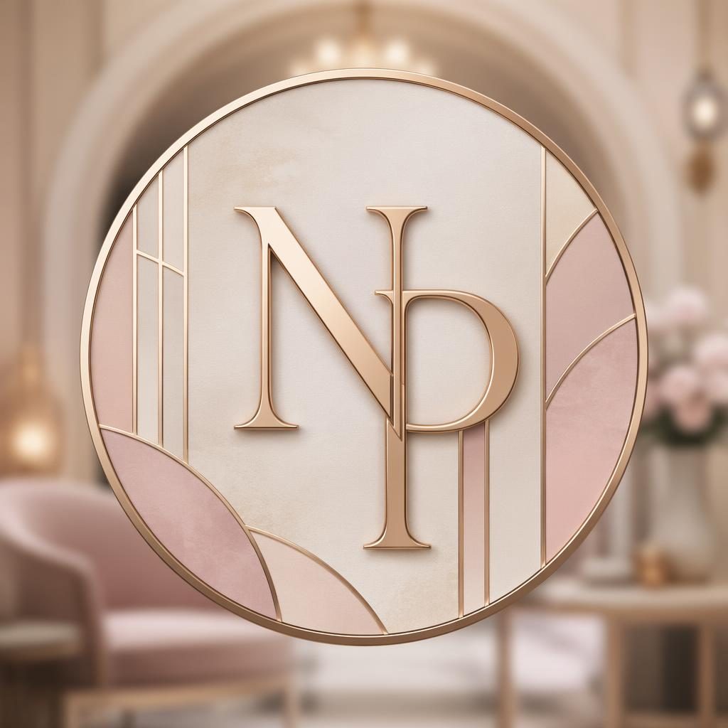 Centered art deco monogram avatar in a soft pastel palette with a blurred background and sharp, polished profile-picture styling.