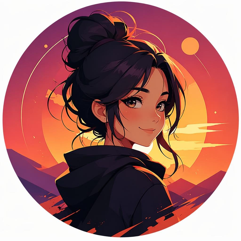 Stilisiertes Anime-Avatar-Porträt mittig vor abstraktem Sunset-Farbverlauf, klar beschnitten und scharf dargestellt.