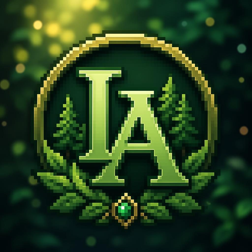 Retro pixel art monogram avatar in forest green with soft bokeh, centered and cleanly cropped for profile use.