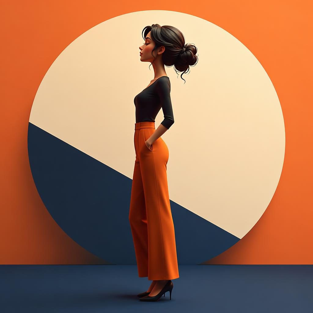 Avatar 3D estilo Pixar de una silueta de mujer de perfil cuerpo completo, centrada, con paleta intensa y patrón geométrico.