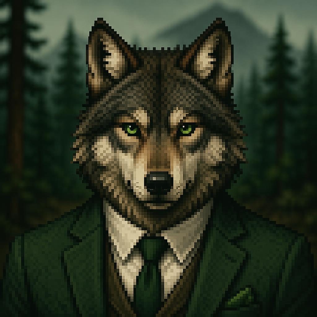 Centered retro pixel art animal avatar in forest green tones with a serious expression and blurred background.