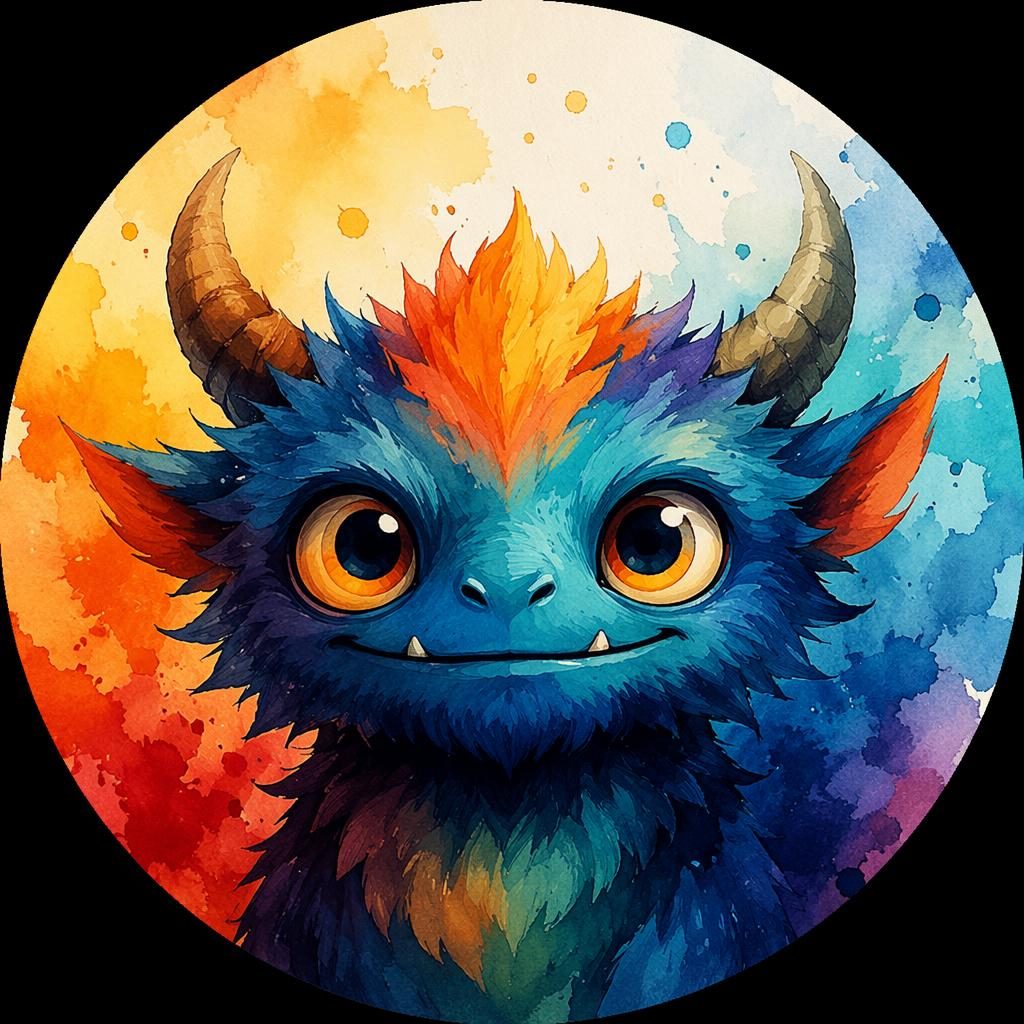 Avatar centrado de criatura mascota en acuarela, paleta intensa, estilo abstracto plano y fondo limpio.