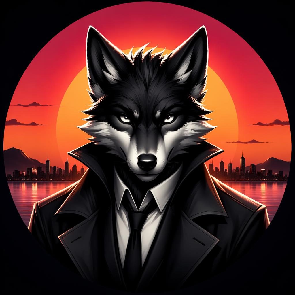 Avatar de créature mascotte en noir et blanc, centré, fond dégradé coucher de soleil, rendu net et lisible.