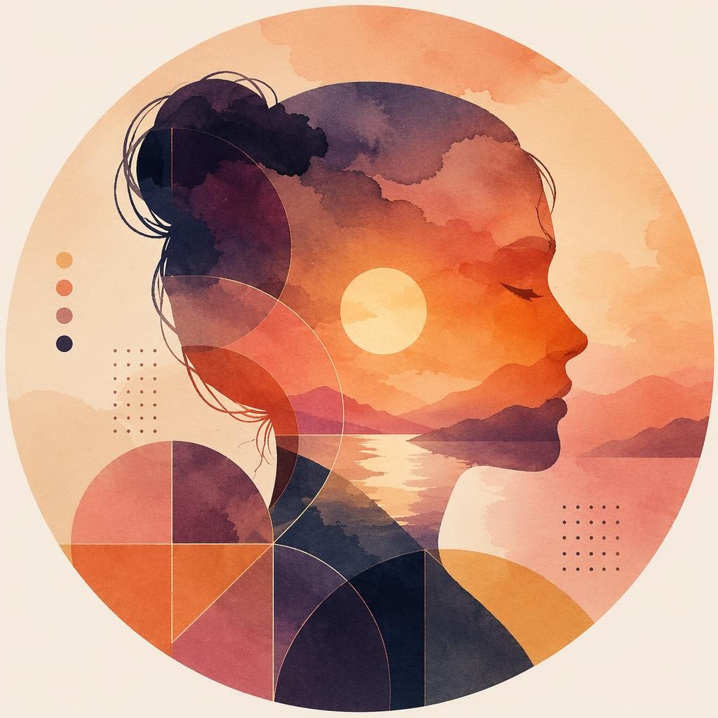 Abstraktes Aquarell-Porträt mit geometrischen Formen in Sunset-Farbverlauf, zentriert als minimalistisches Avatarbild
