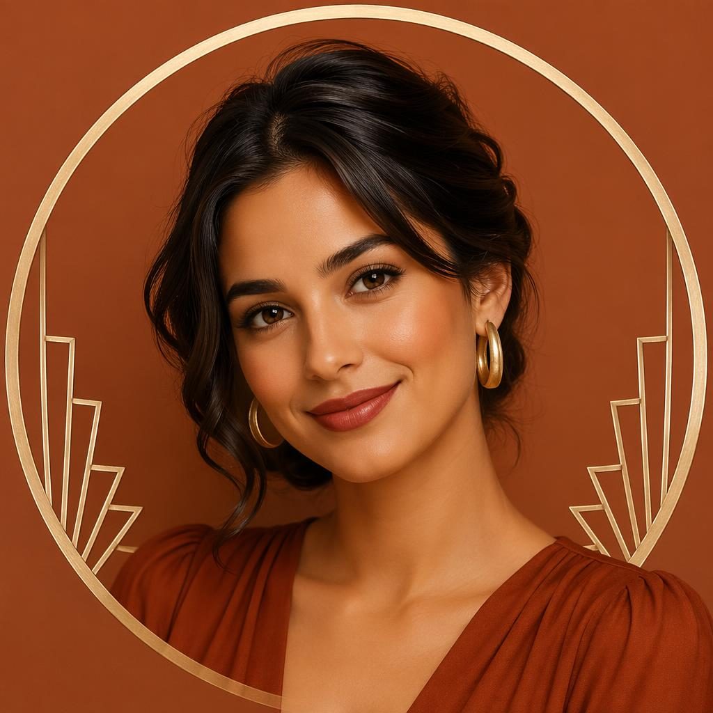 Centered AI avatar portrait in art deco style with a warm earth-tone palette, solid background, and clean profile framing.