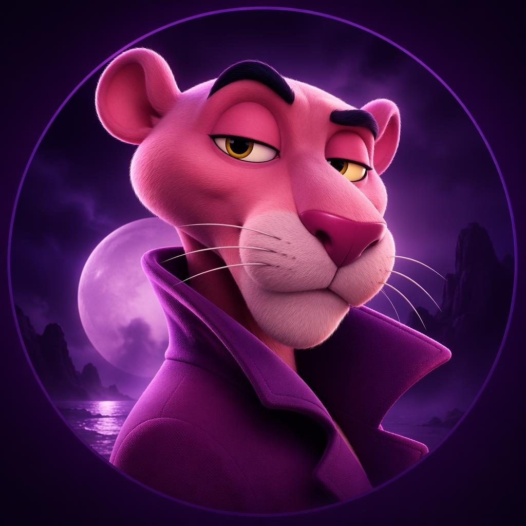 Avatar 3D estilo Pixar de personaje rosa púrpura, centrado, fondo blanco suave y aire misterioso.
