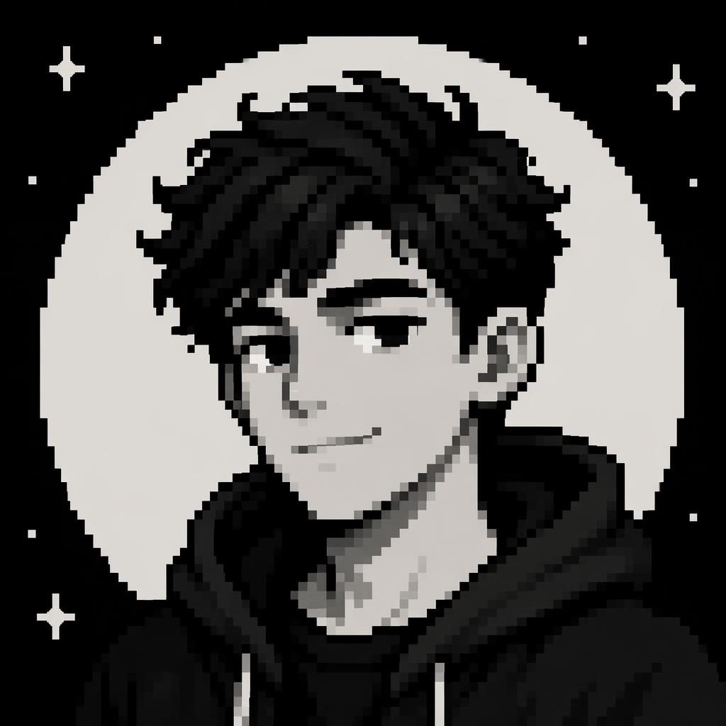 Centered monochrome retro pixel art portrait avatar with playful flat abstract styling and clean profile picture crop.