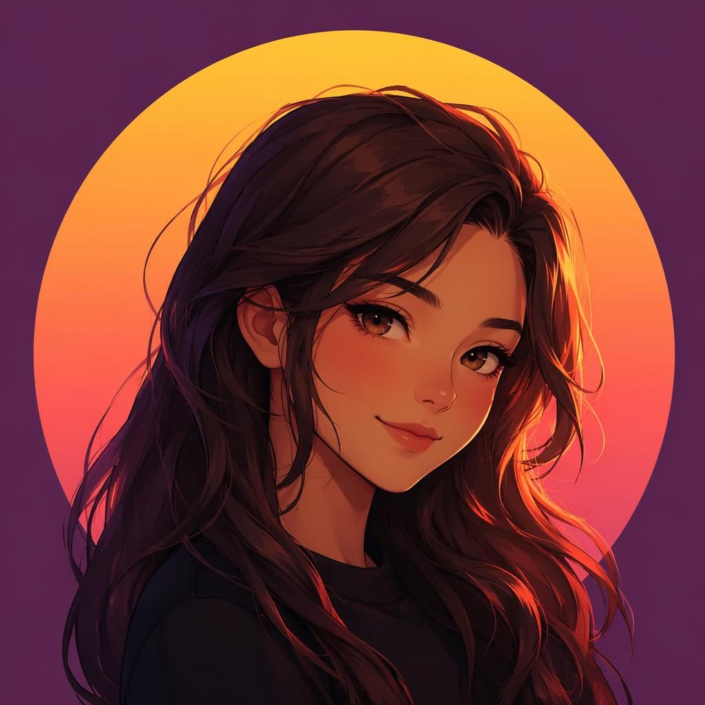 Avatar ilustrado estilo anime centrado, con fondo liso en degradado de atardecer y expresión cálida y acogedora.