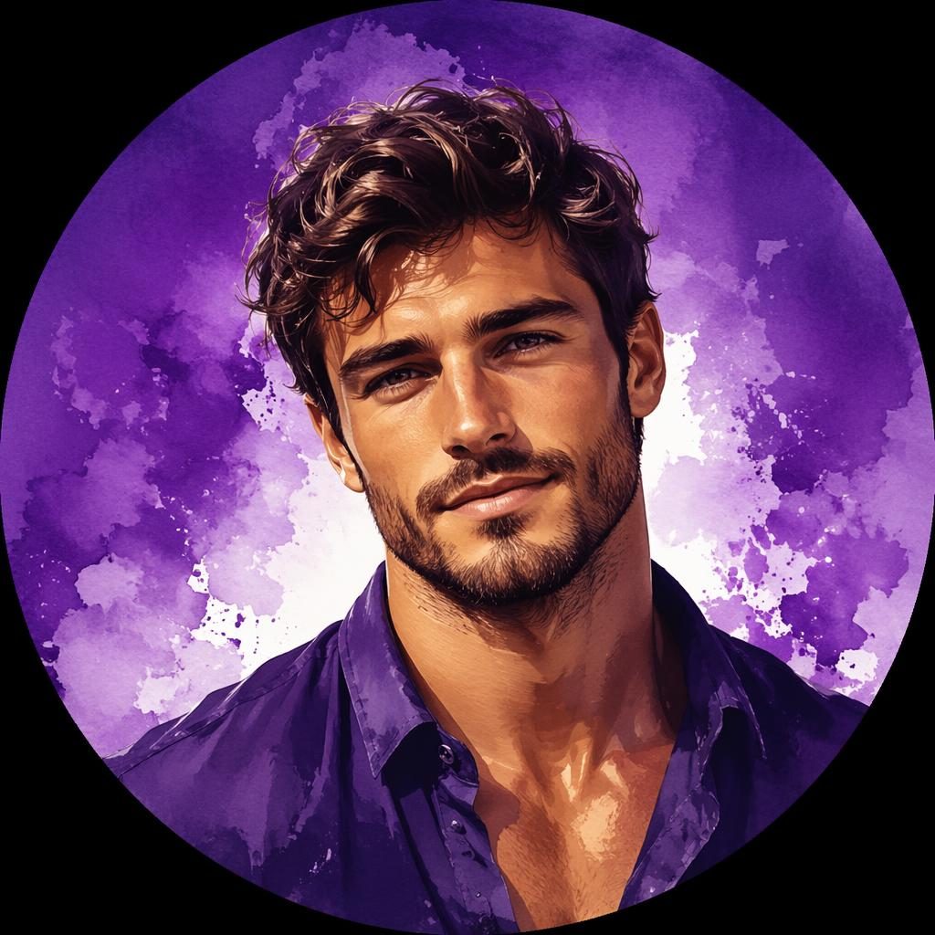 Portrait stylisé en aquarelle d’un homme, centré, palette violet royal, fond dégradé doux, cadrage net pour avatar.