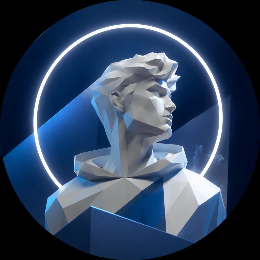 Avatar abstrait géométrique en style 3D pixar, tons bleus froids et blanc translucide, centré sur fond épuré.
