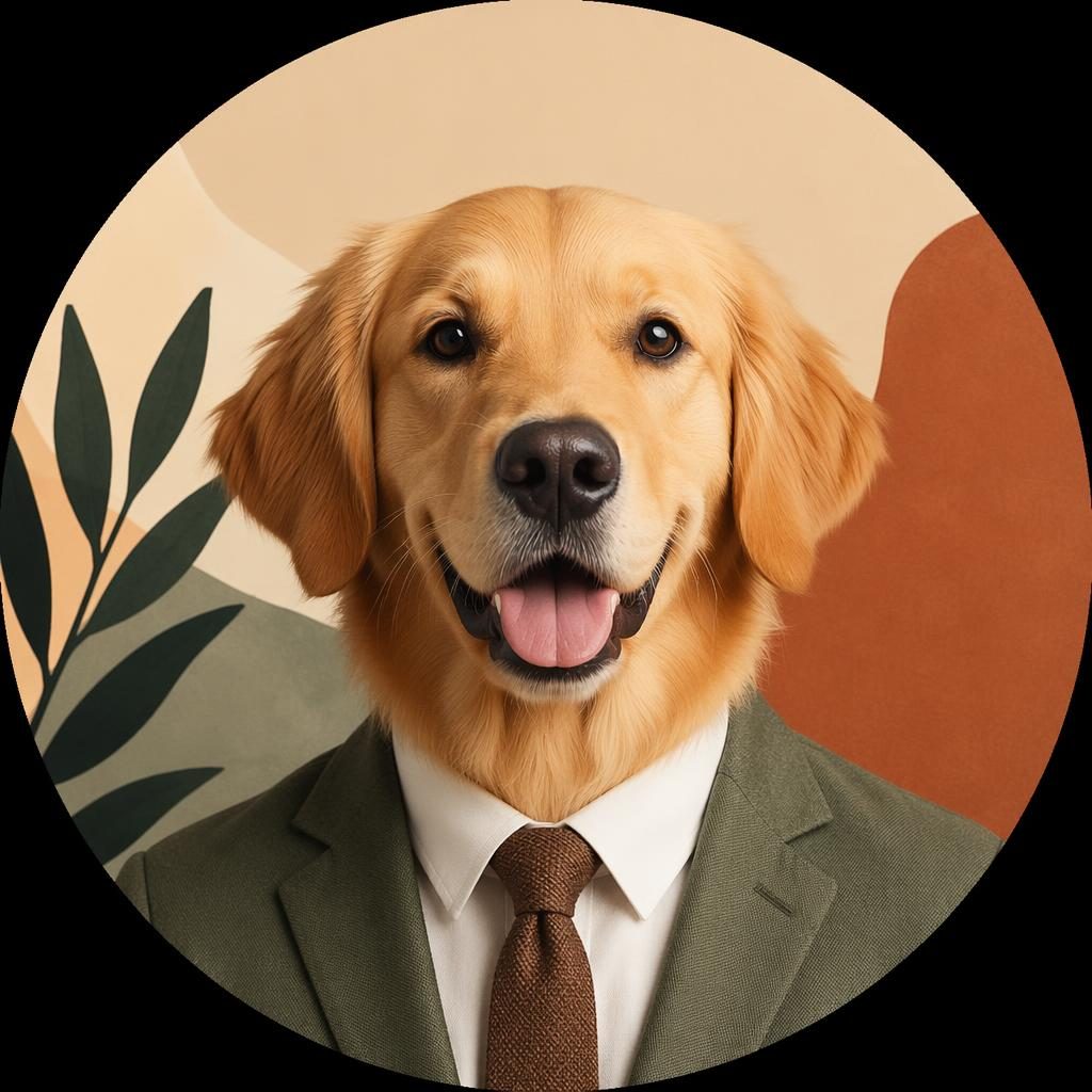 Centered animal avatar profile picture in a warm earth palette with flat abstract shapes and sharp editorial styling.
