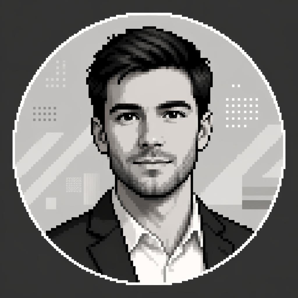 Retrato avatar centrado en pixel art retro, monocromo, con patrón geométrico y encuadre limpio para perfil.