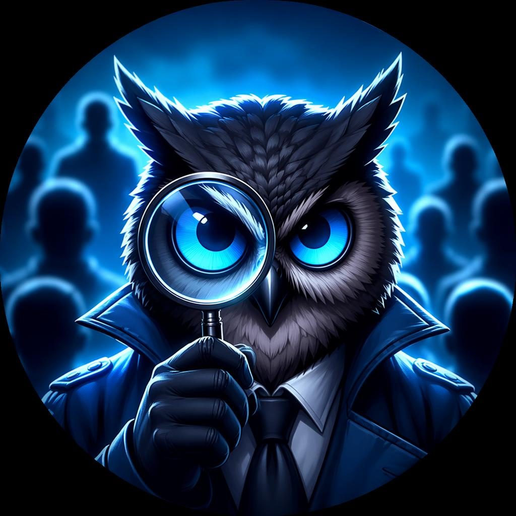 Avatar de criatura mascota estilo anime, centrado, expresión seria, tonos azules y fondo desenfocado.