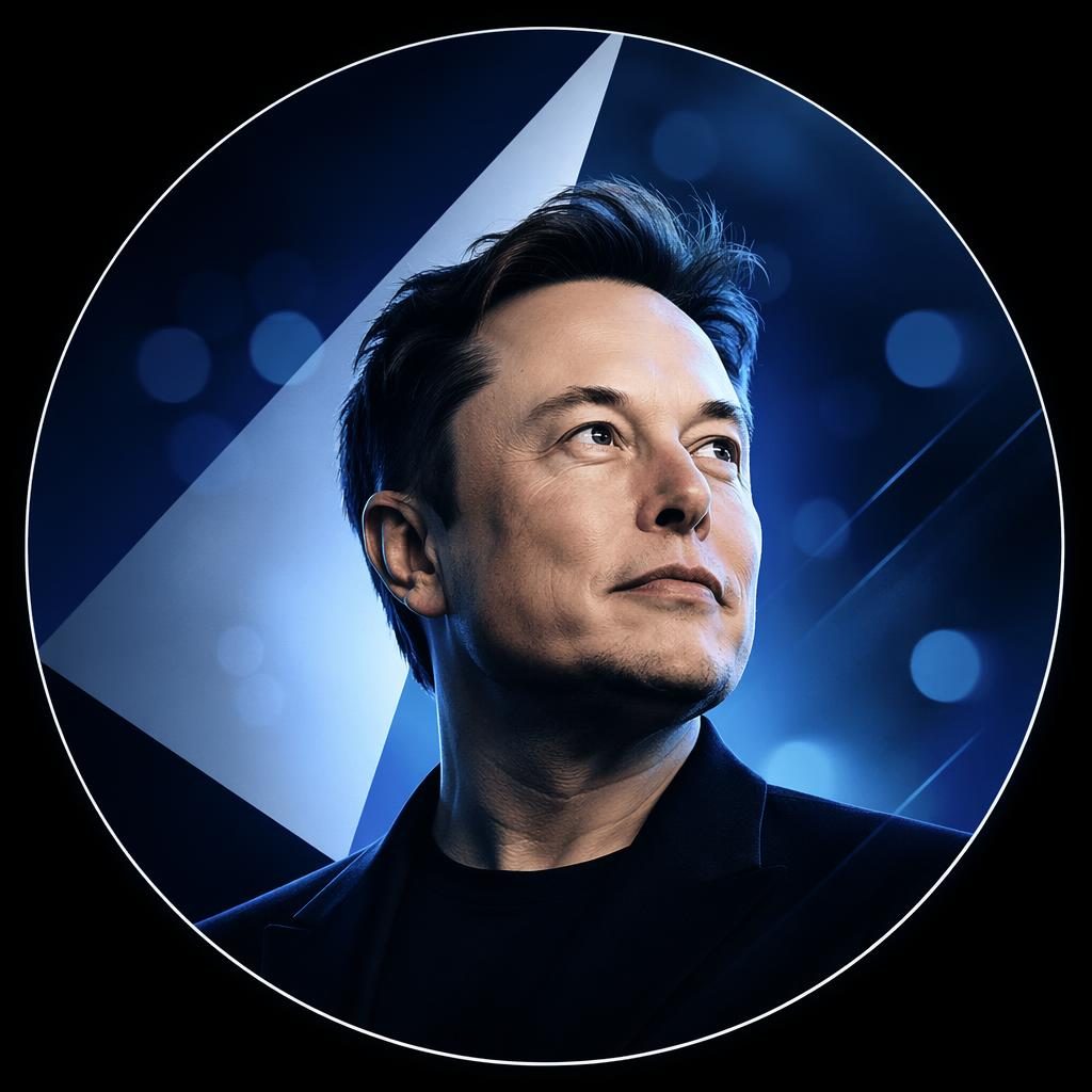 Abstract black-and-white AI avatar with geometric shapes, cool blue tones, soft bokeh, centered for profile use.