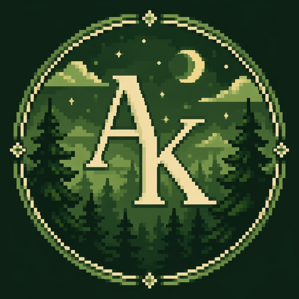 Retro pixel art avatar with a centered monogram icon, forest green palette, geometric pattern, and minimal clean framing.