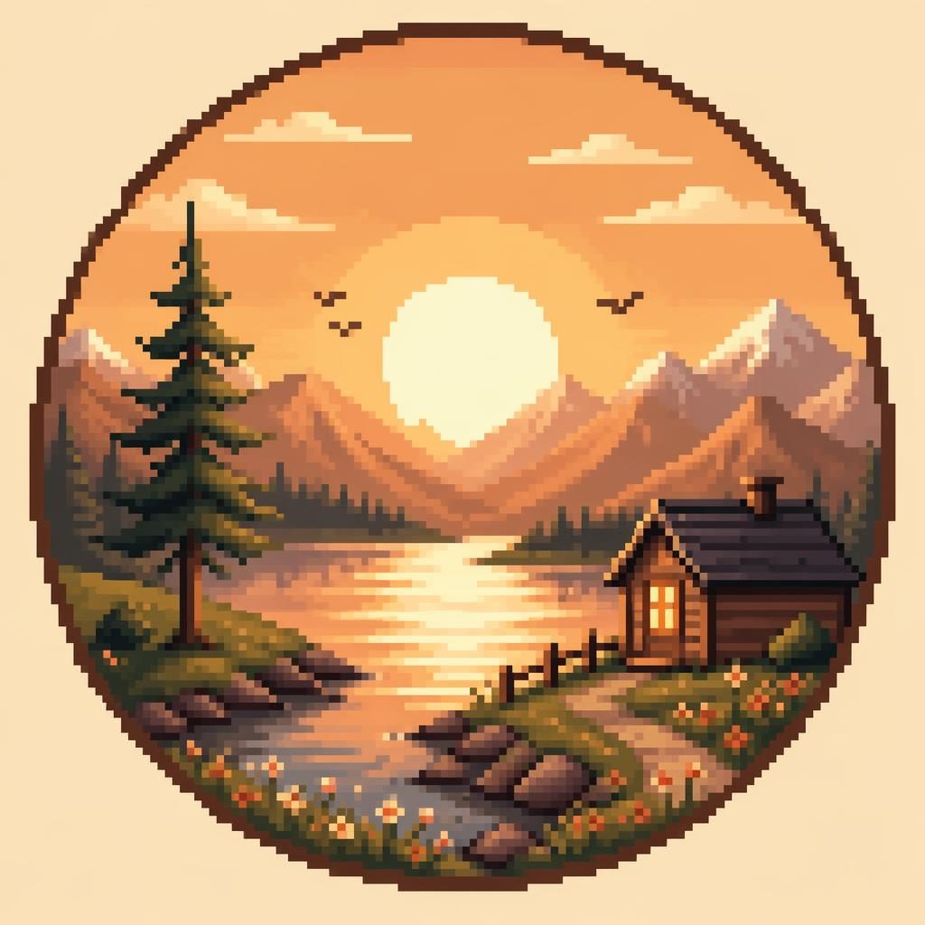 Avatar cuadrado con monograma en pixel art retro, paleta tierra cálida, fondo liso y composición centrada.