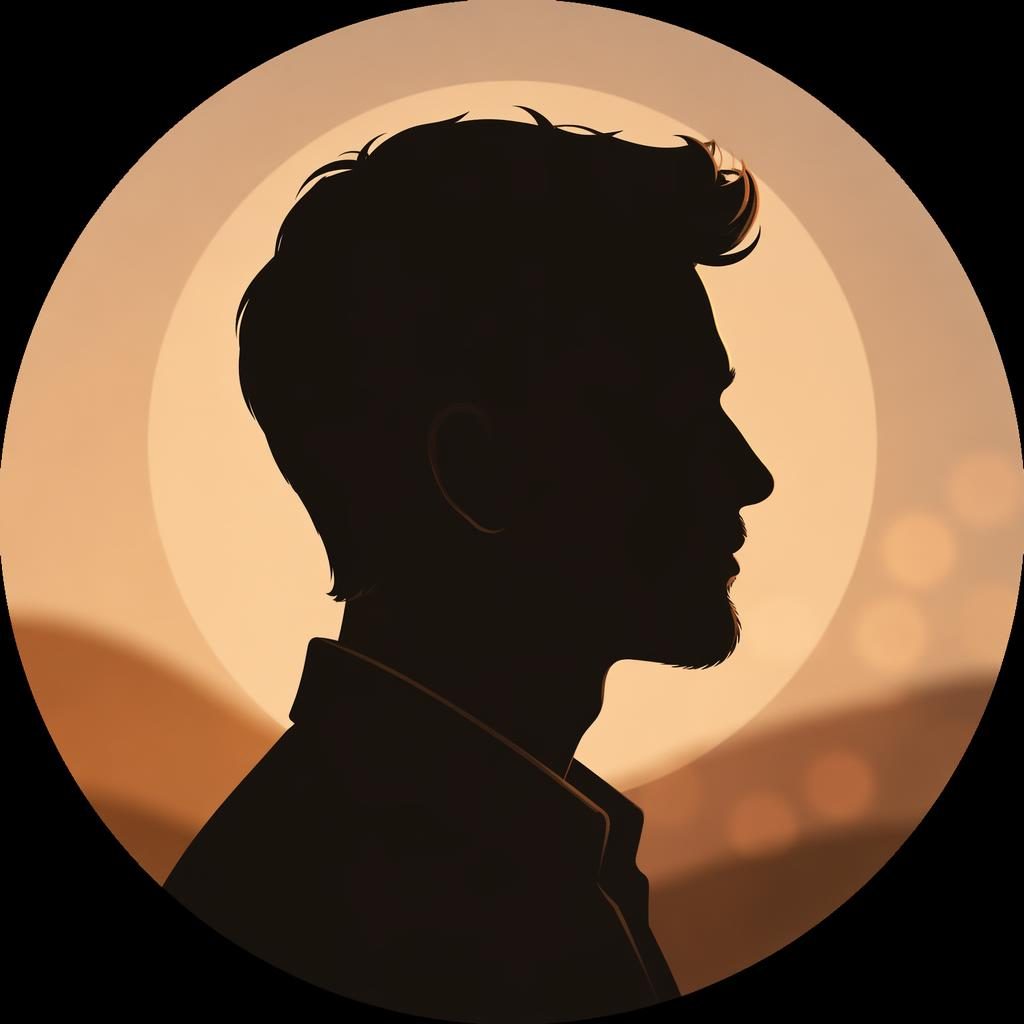 Avatar ilustrado con silueta de hombre de perfil, composición centrada, fondo bokeh suave y paleta cálida tierra.