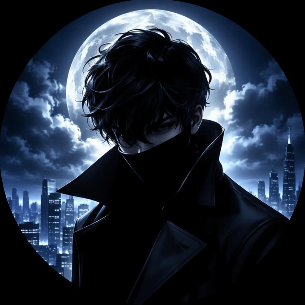 Stylized noir black-and-white avatar with cool blue tones, centered portrait, sharp focus, clean crop for profile use.