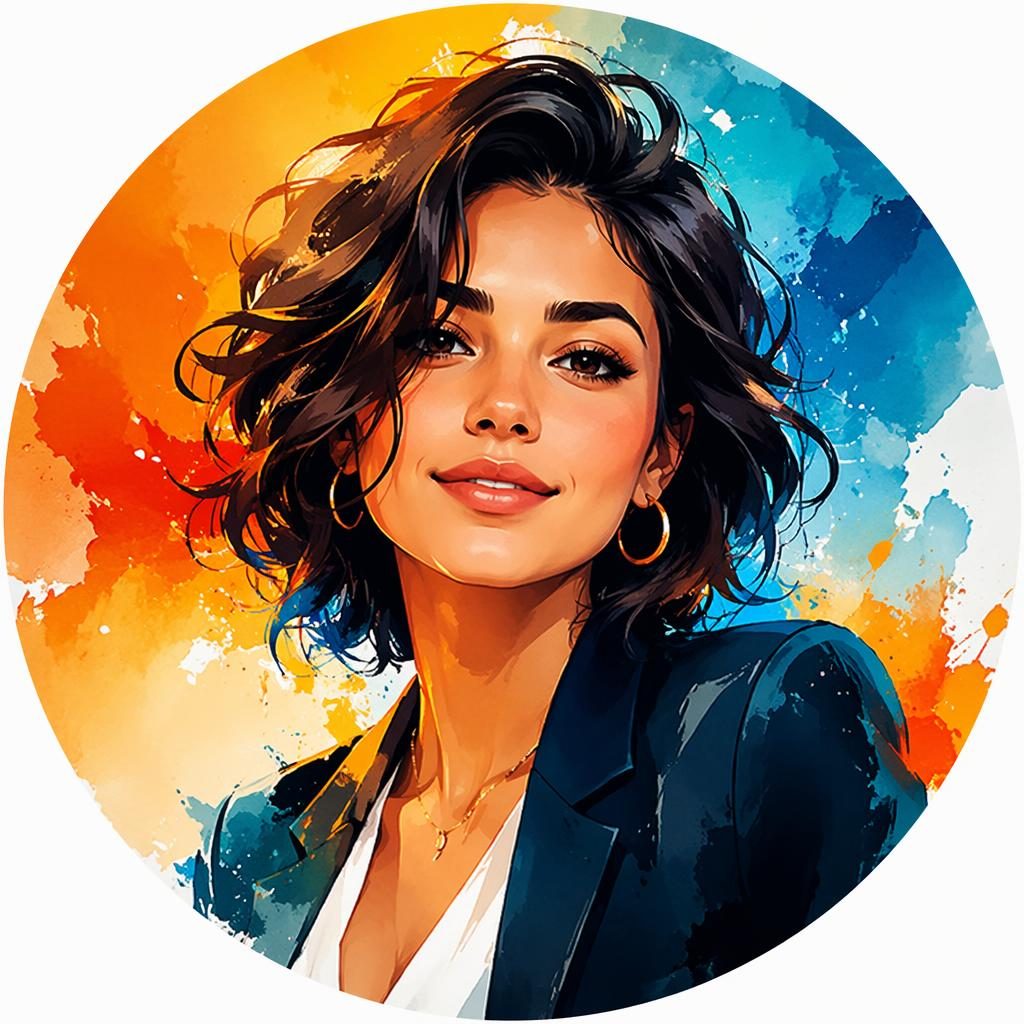 Portrait illustré en aquarelle d’un personnage stylisé centré, palette contrastée, fond en dégradé doux, cadrage net.