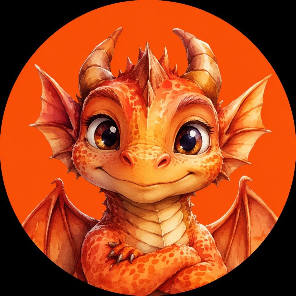 Avatar de criatura mascota en acuarela, centrado, con fondo liso, colores cálidos intensos y enfoque nítido.