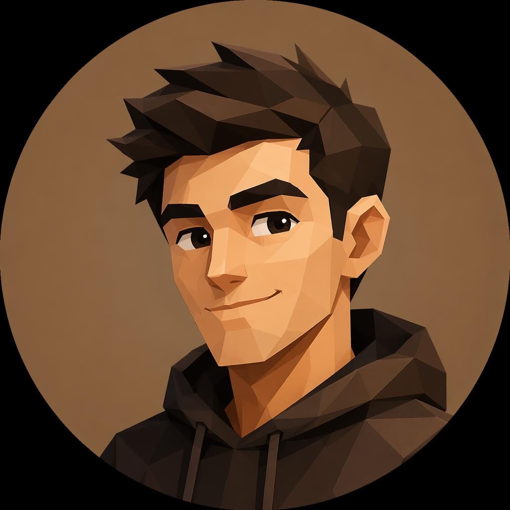 Avatar geométrico low poly con monograma centrado, paleta monocromática cálida y fondo sólido.