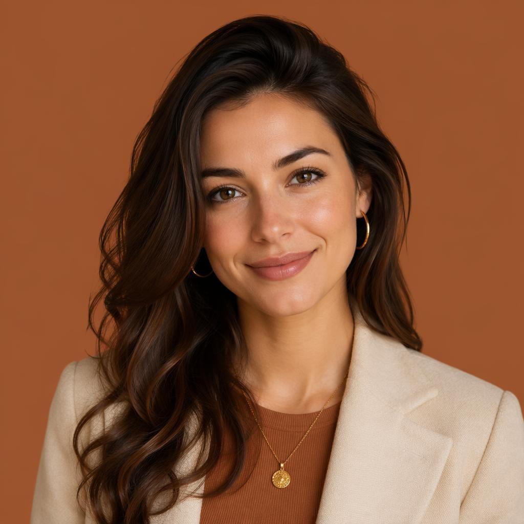 Centered human portrait avatar with a confident friendly expression, warm earth tones, and a solid color background.