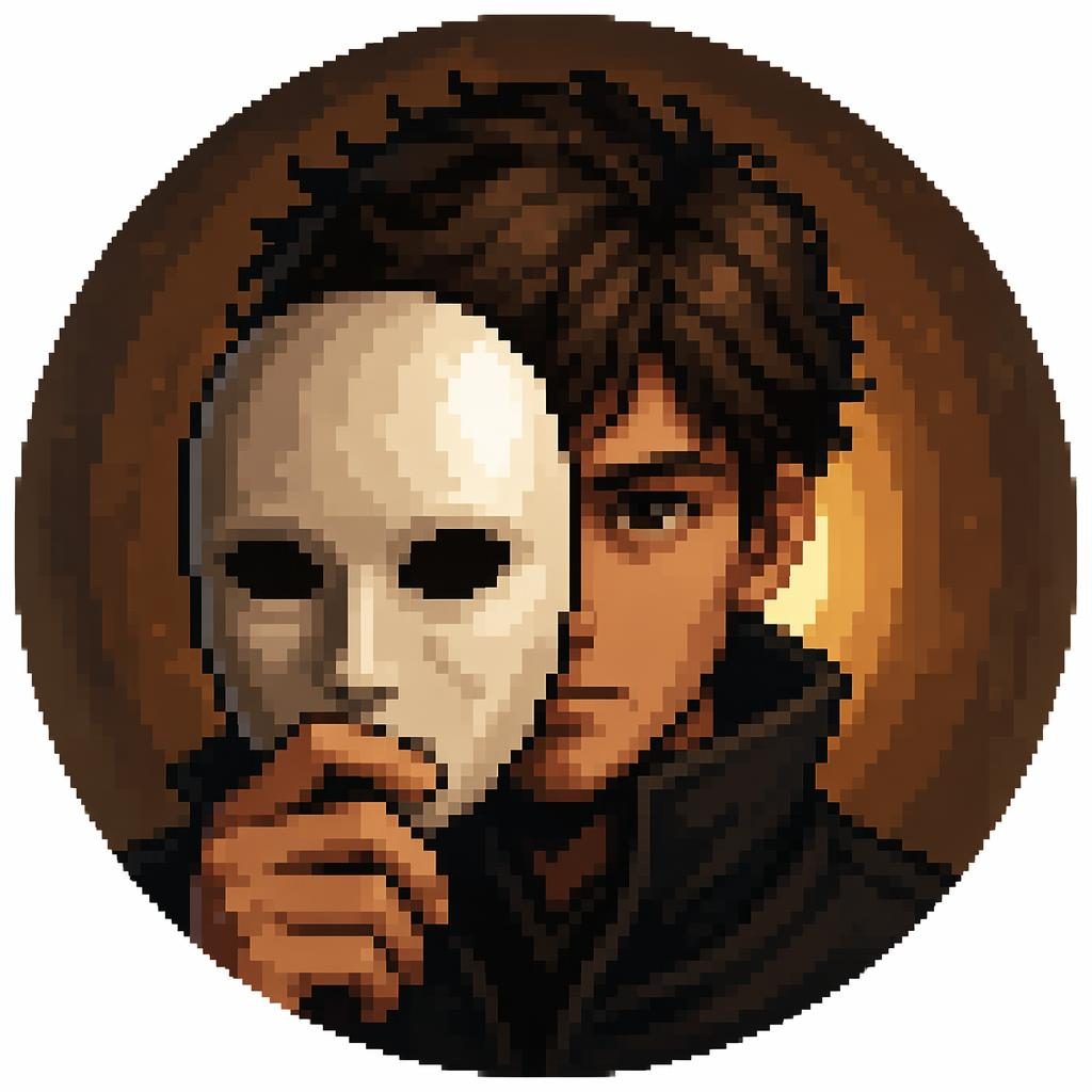 Retrato humano centrado en pixel art retro, tonos tierra cálidos, fondo blanco translúcido y aire misterioso.
