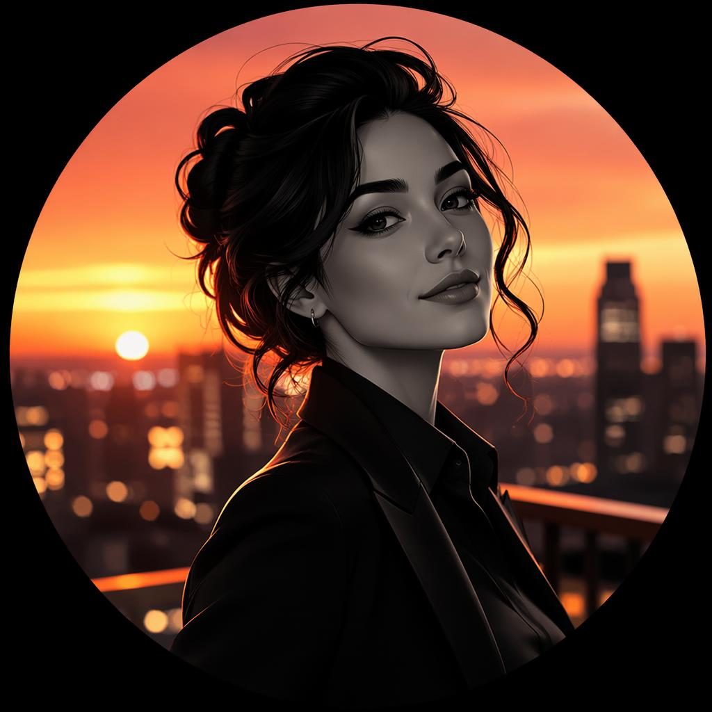 Stylized black-and-white noir avatar with a confident friendly expression, soft bokeh, and subtle sunset gradient backdrop.