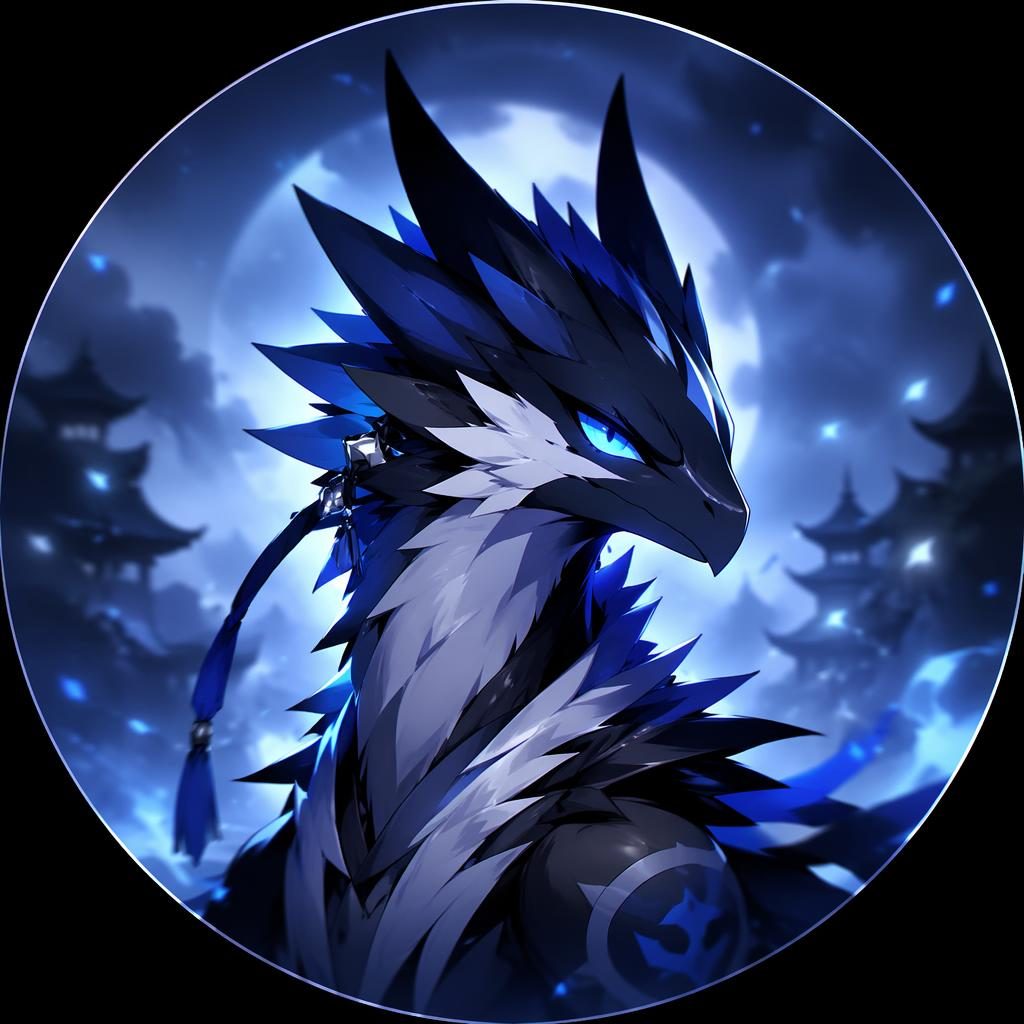 Centered anime-style mascot creature avatar with a serious expression in cool blue tones and a softly blurred background.
