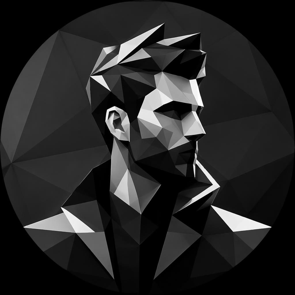 Centered low-poly geometric monogram avatar in a monochrome palette with a soft gradient and bold, clean composition.