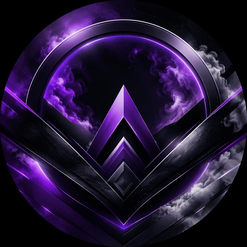 Abstract geometric noir avatar in black and white with royal purple gradient, centered for clean circular profile frames.