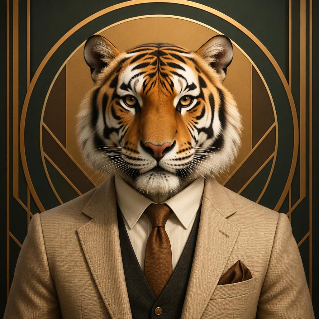 Centered animal avatar in art deco style with warm earth tones, geometric pattern, and clean minimal framing.