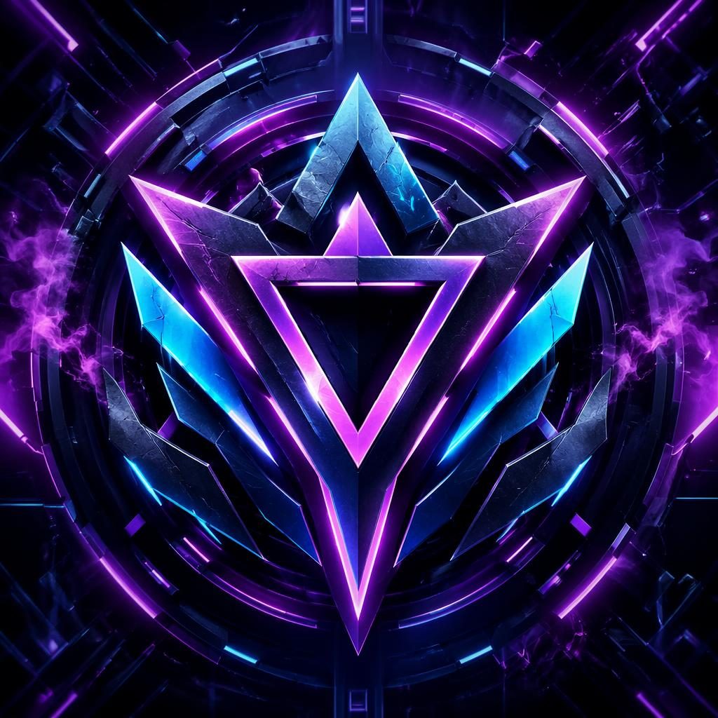 Gecentreerde avatar met abstract geometrisch neon embleem, gelaagde vormen, lichte randen en donkere cyberpunk achtergrond.