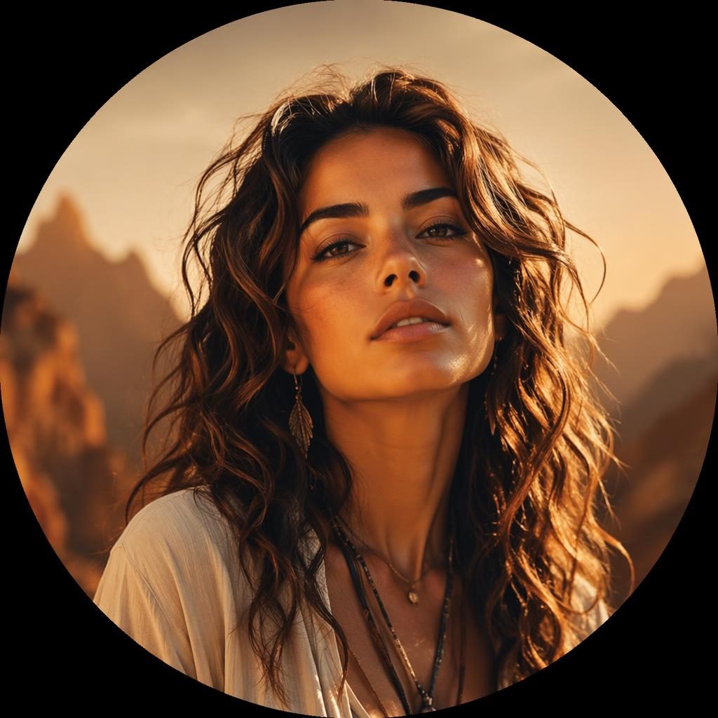 Centered AI portrait avatar with bold editorial styling, warm earth tones, soft gradient background, and sharp focus.