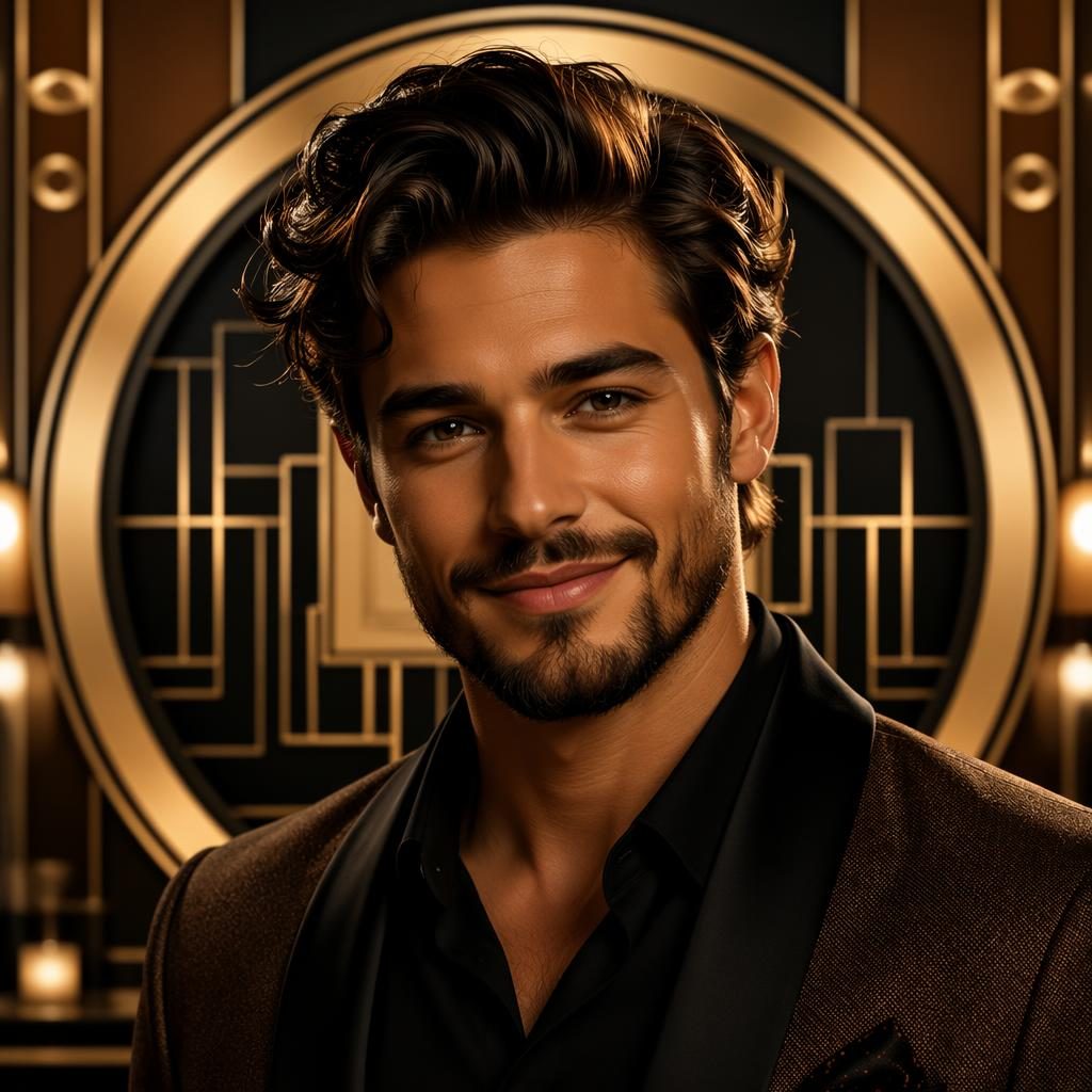 Centered human portrait avatar in art deco style with a warm earth palette, soft bokeh, and a confident friendly expression.