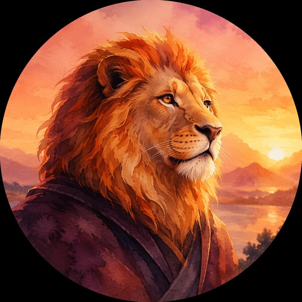 Avatar de criatura mascota en acuarela, centrado, con gesto serio y fondo degradado de atardecer desenfocado.