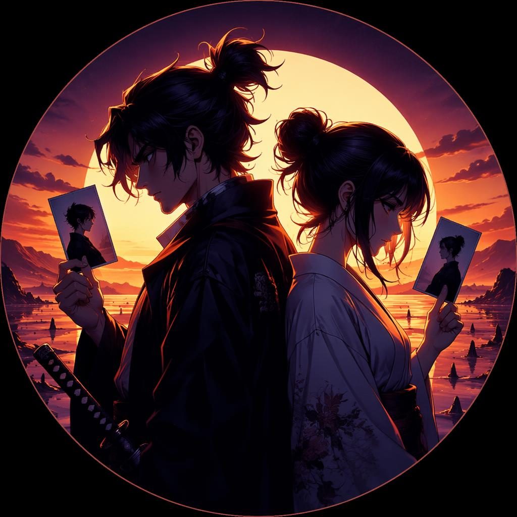Avatar centrado de personaje anime misterioso con fondo degradado de atardecer y tonos blancos suaves