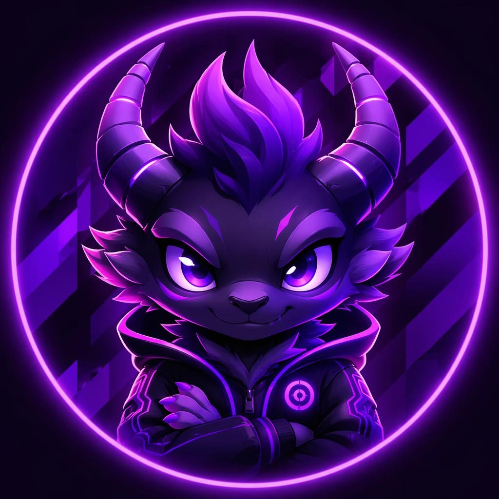 Mascota creatura estilo cyberpunk en morado neón, centrada, fondo abstracto plano y recorte limpio para avatar.
