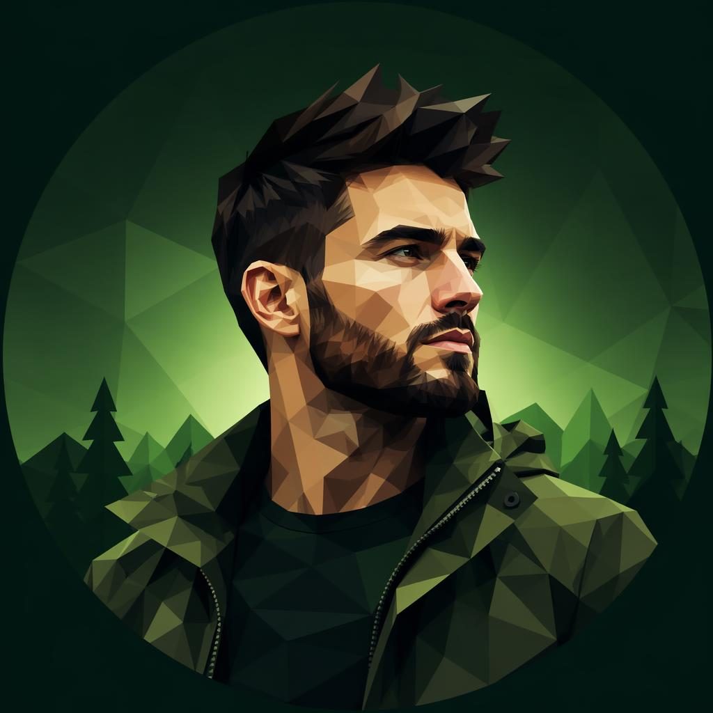Retrato avatar masculino low poly en verde bosque, centrado, con degradado suave y enfoque nítido.