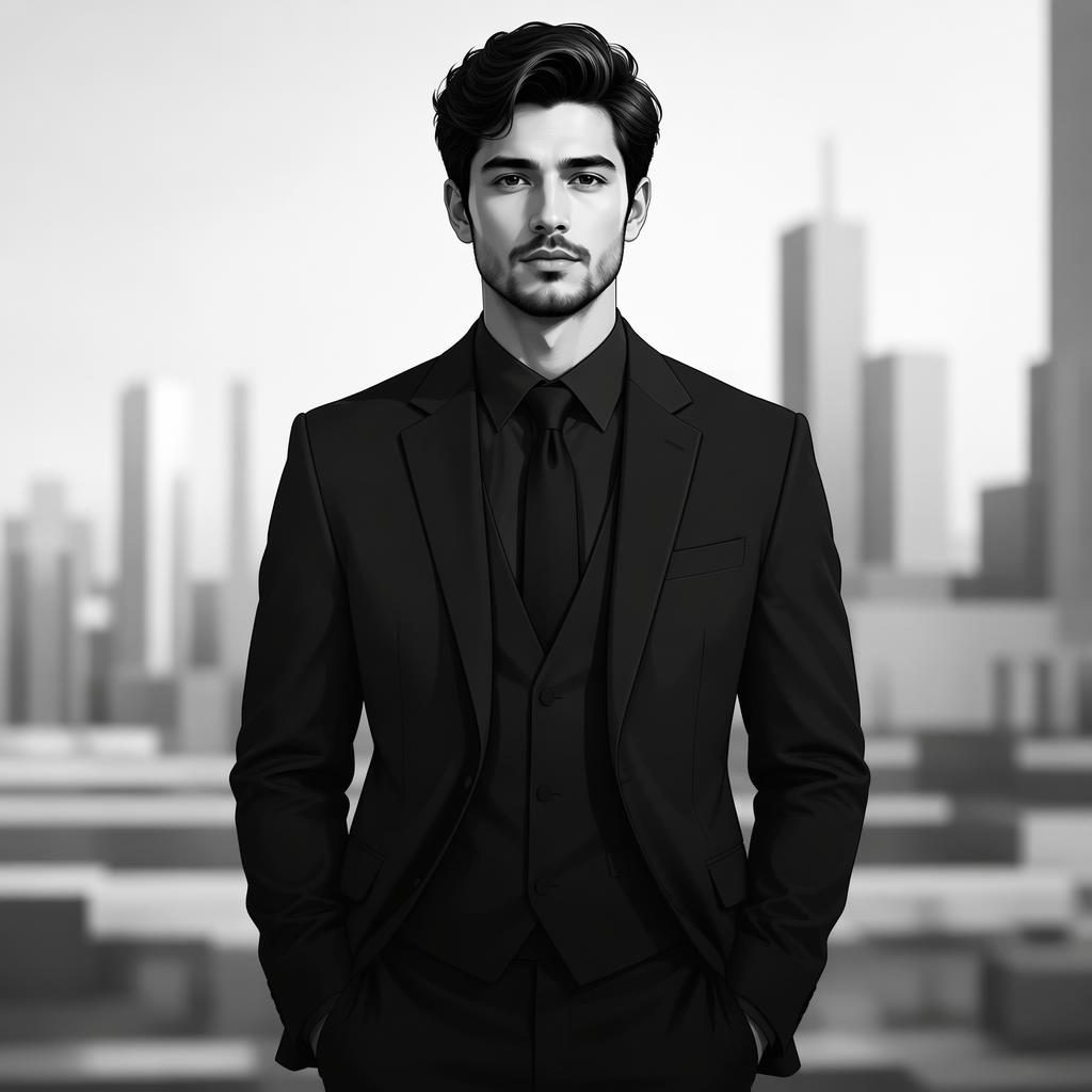 Centered monochrome illustrated portrait avatar with a serious professional expression and blurred background.