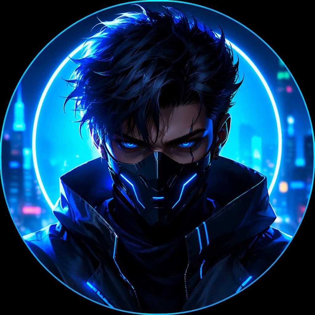 Centered stylized cyberpunk character avatar in cool blue neon tones with soft gradient background and sharp focus.