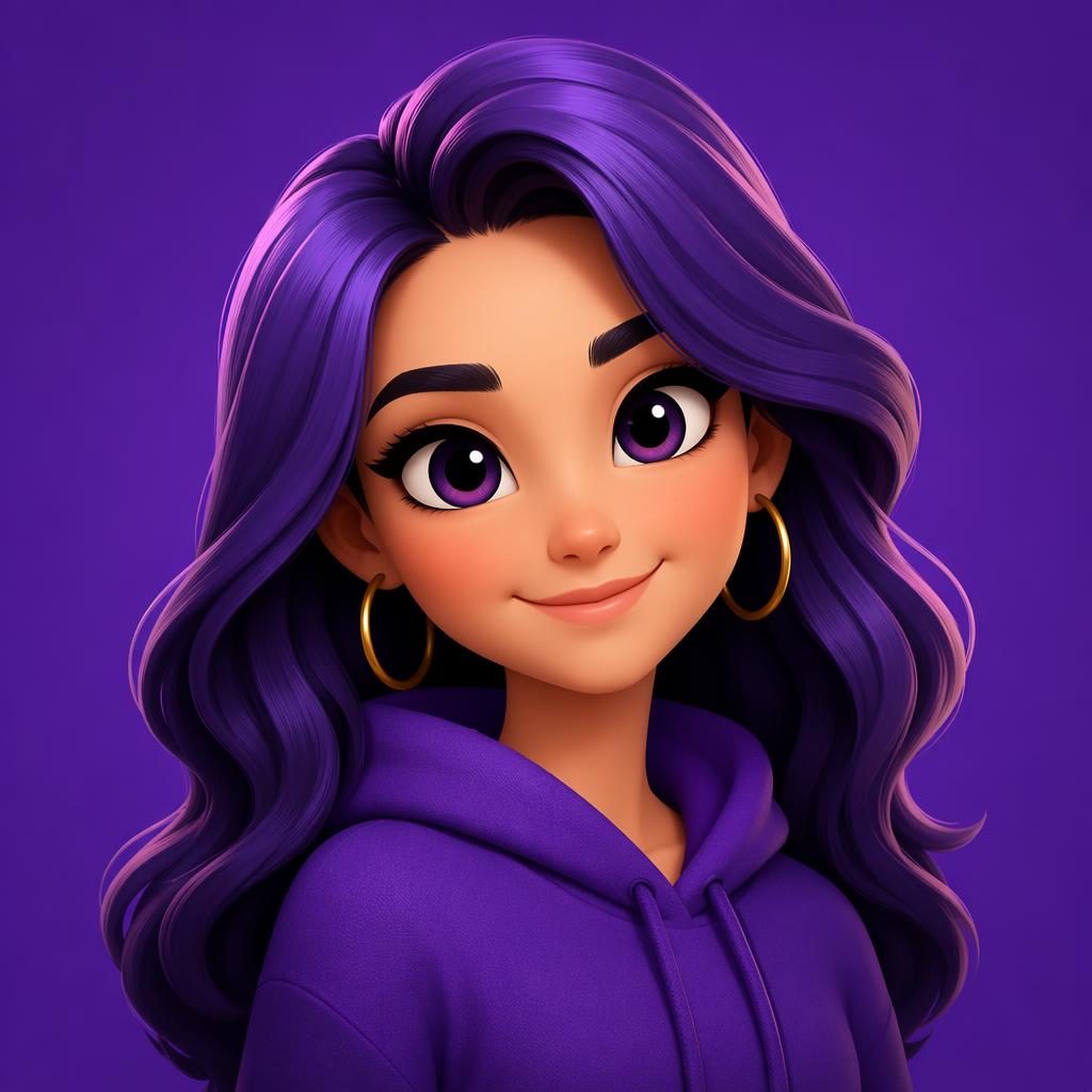 Avatar de personaje estilizado en 3D tipo Pixar, centrado, con paleta morado real y fondo liso.