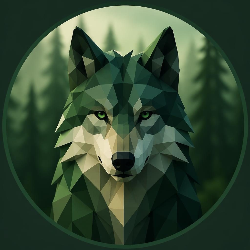 Low-poly geometric animal avatar in forest green tones with a serious professional mood and blurred background.