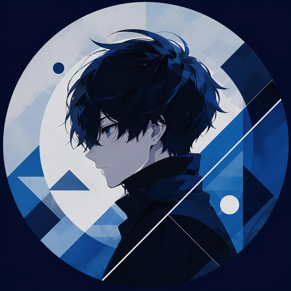 Avatar anime abstrait géométrique en palette bleue, centré, net et minimal, adapté aux formats rond et carré.