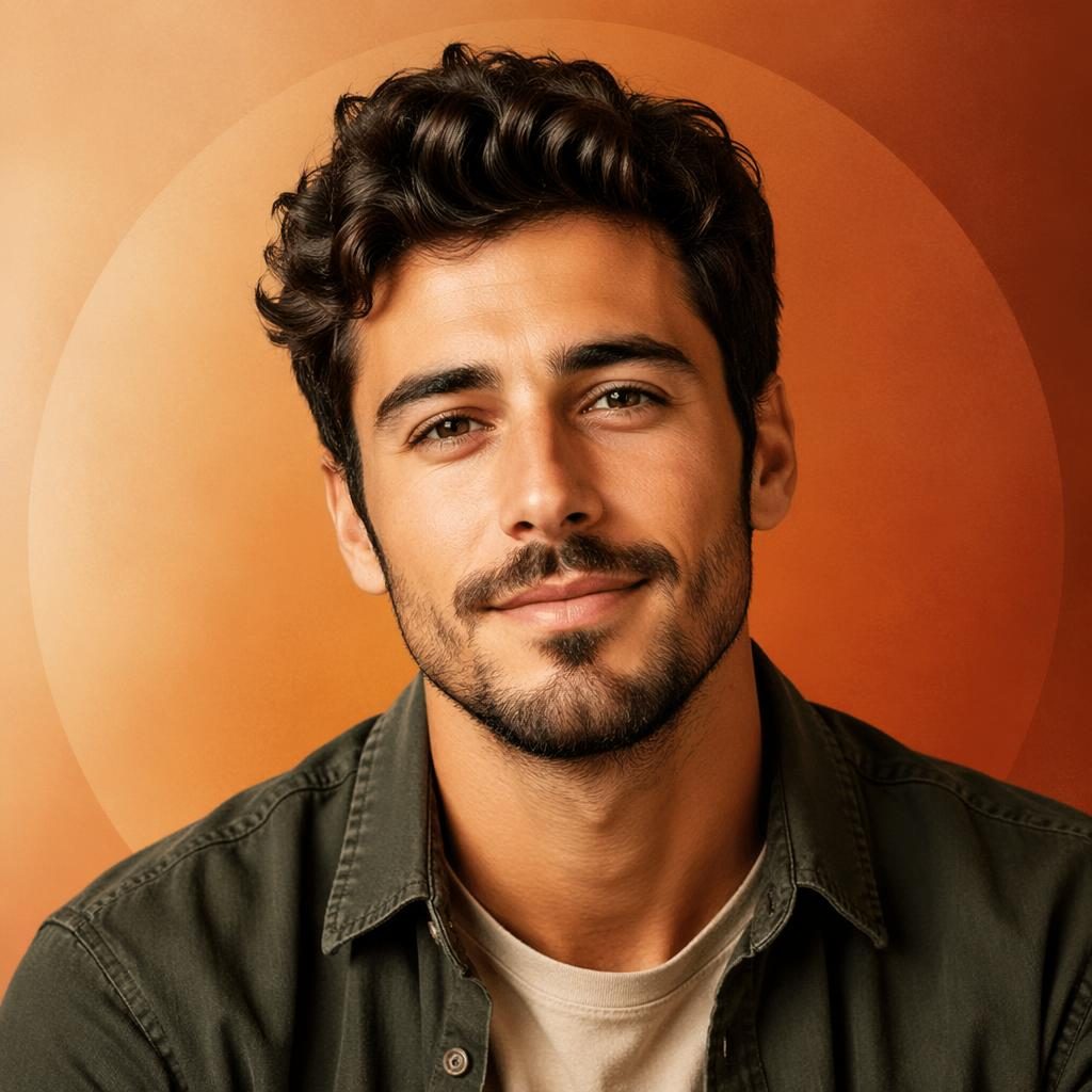 Retrato humano centrado estilo editorial, avatar moderno en tonos tierra cálidos con fondo degradado suave.