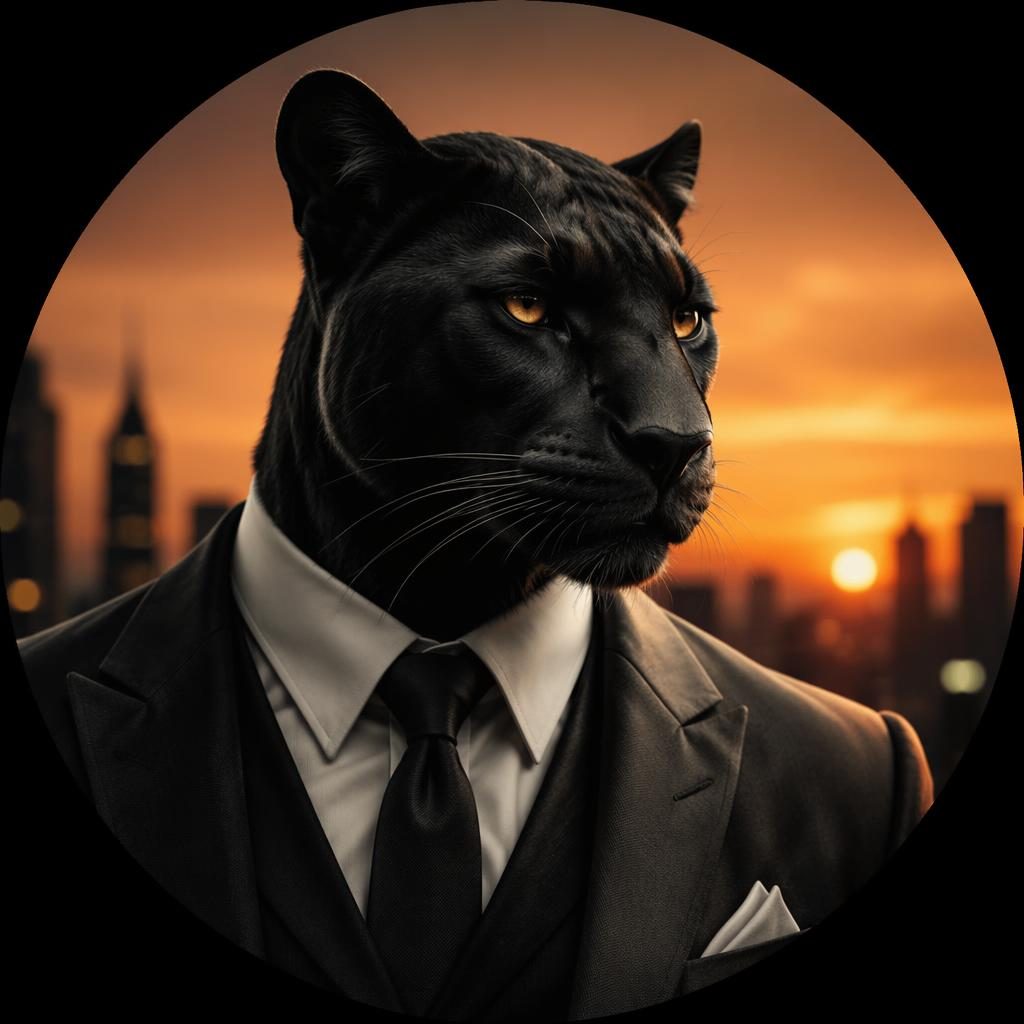 Centered noir black-and-white stylized professional avatar with serious expression, blurred background and sunset gradient.