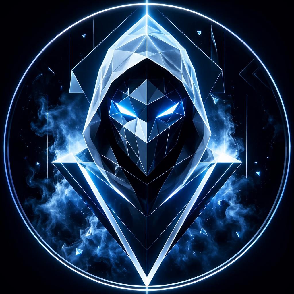Abstraktes geometrisches Profilbild mit Cyberpunk-Neon in Blau und transparent wirkendem Weiß, zentriert und scharf