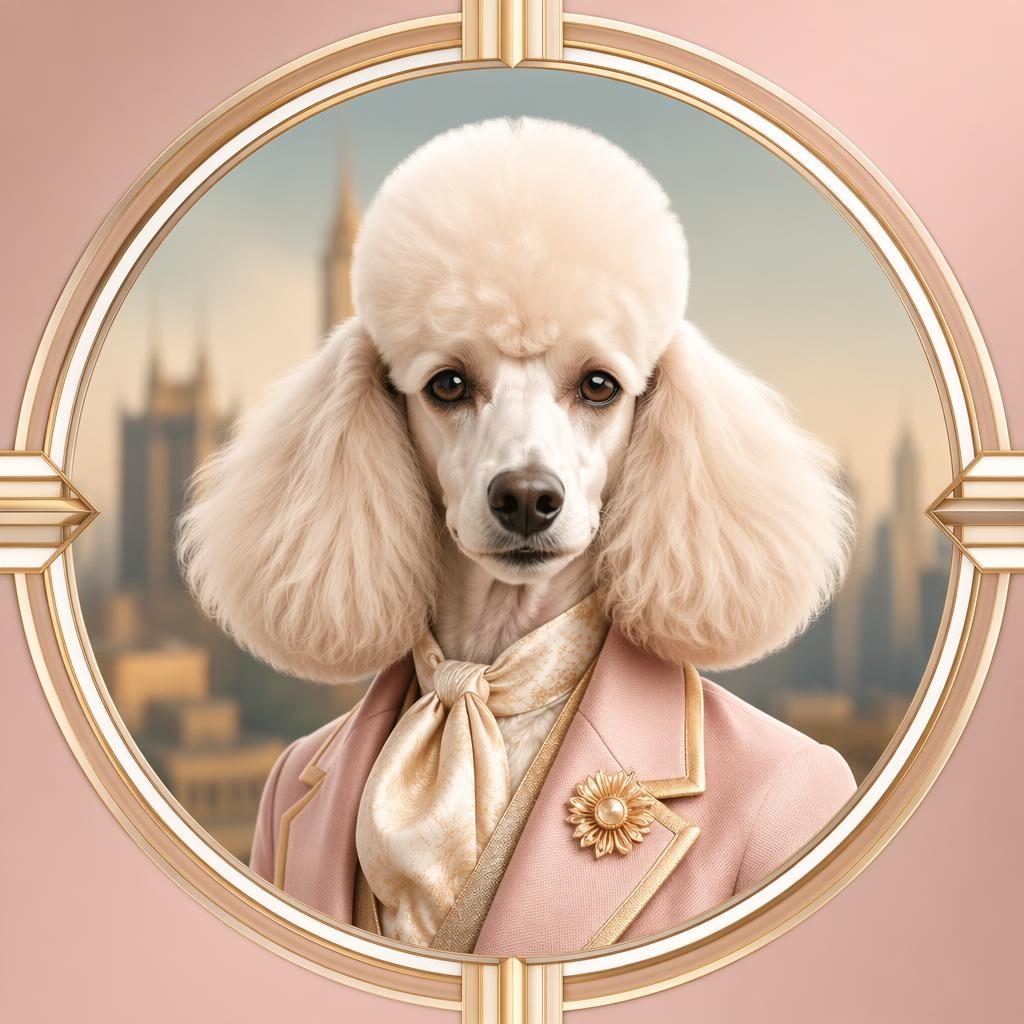 Centered art deco animal avatar in a soft pastel palette with a serious professional mood and blurred background.