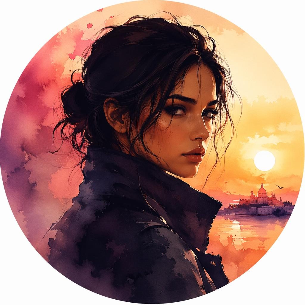 Avatar illustré centré, portrait aquarelle stylisé, ambiance mystérieuse, dégradé coucher de soleil, fond blanc léger