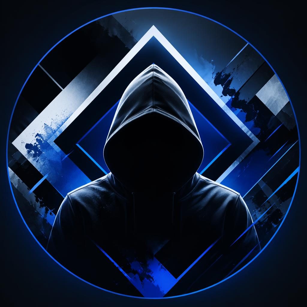 Abstract black-and-white geometric avatar with cool blue gradient, centered for circular or square profile crops.